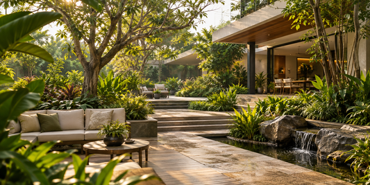 Water-efficient landscaping with sustainable outdoor plants and irrigation