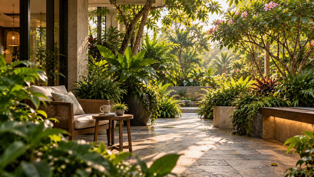 Drought-resistant garden with agave, bougainvillea and gravel beds in Mumbai